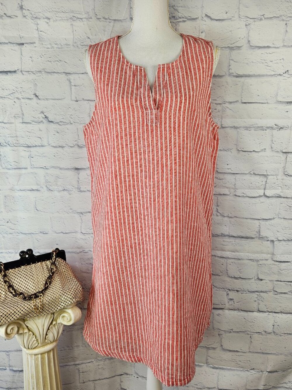 Beach Lunch Lounge Size L Red White Striped Linen Blend Sleeveless Shift Dress